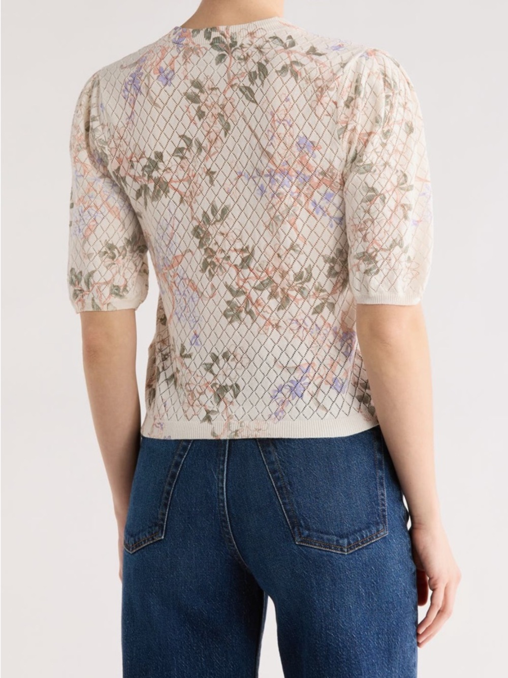 Ellen Tracy Cream Floral Short-Sleeve V-Neck Button Cardigan Top - Picture 3 of 8